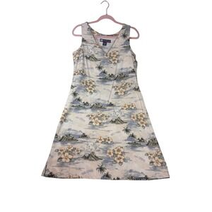 Big Dogs Dress Womens Small Blue Beige Tropical Floral Hibiscus Rayon Sleeveless
